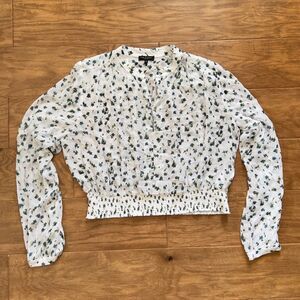 Rag & Bone Blouse Size L White/Blue Floral Calista Sheer Smocked Split Neck